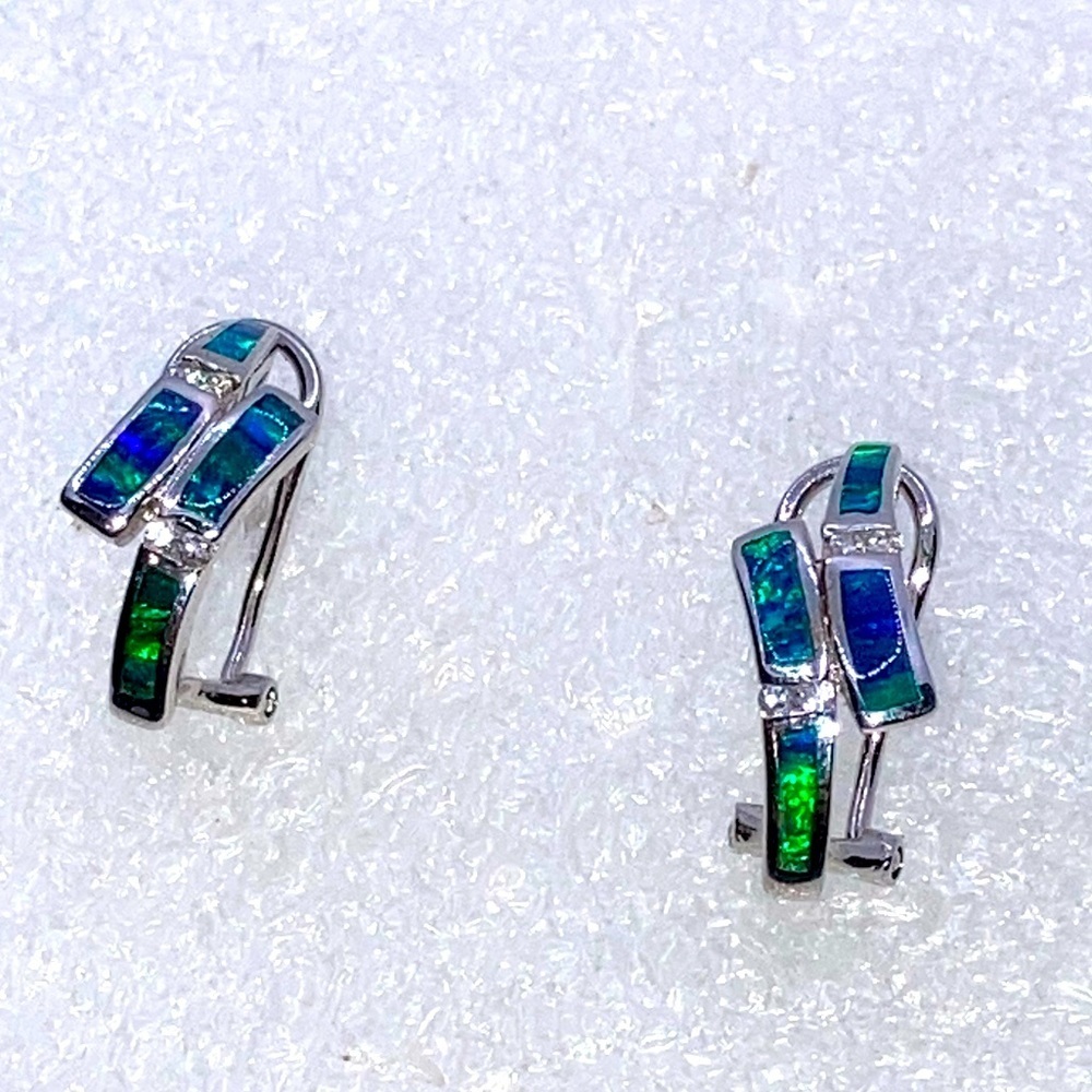 Sterling Silver Blue Opal & Cz French Clip Stud Earrings .6” / JH 925